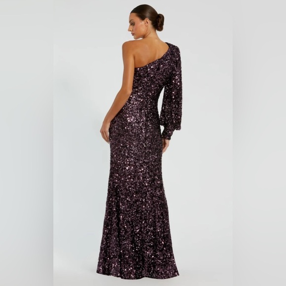 NWT | Mac Duggal 26717 Aubergine Purple Sequined One Shoulder Sleeve Gown Size 6 - Picture 5 of 14